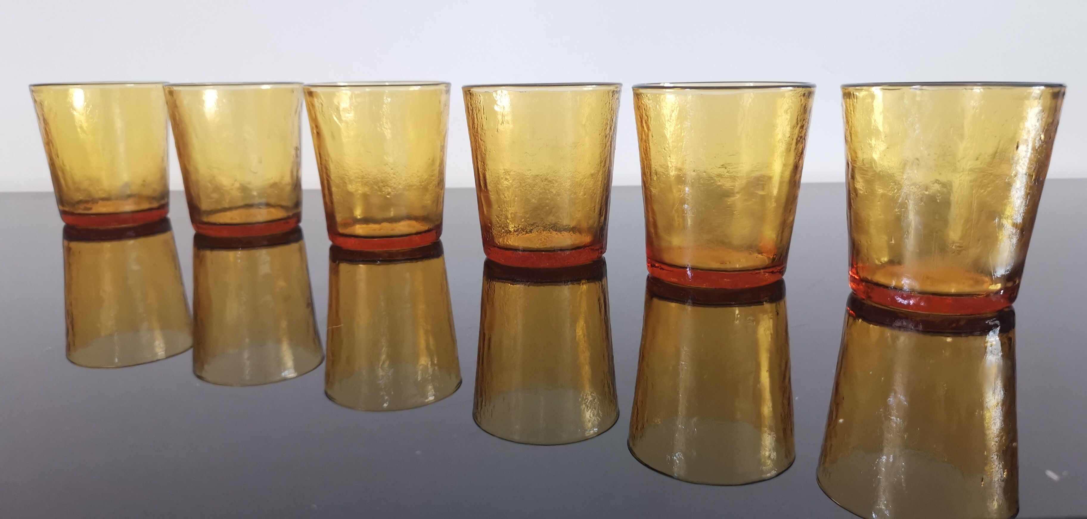6 old amber colored glasses "lever" year 1970