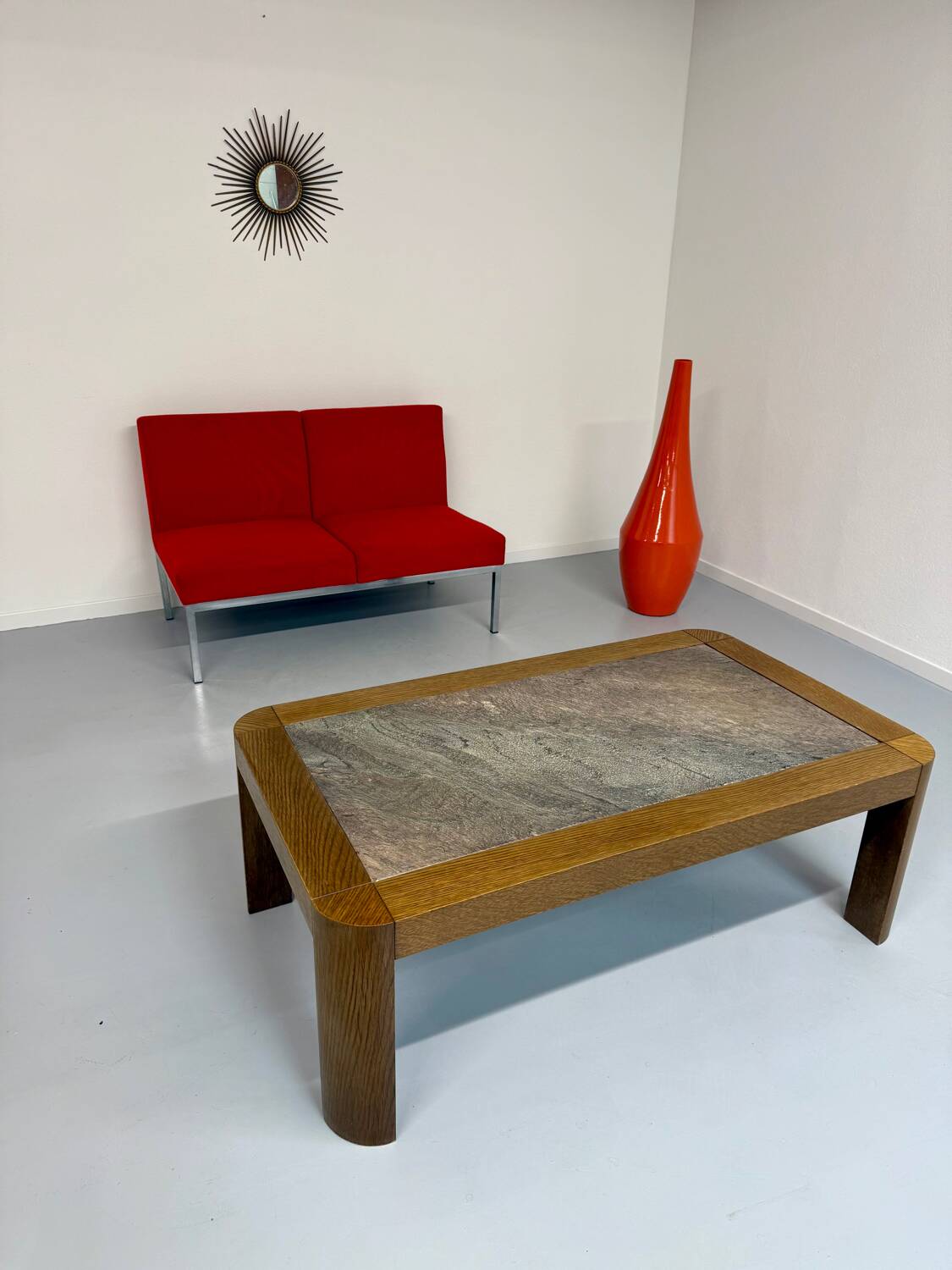Old coffee table in wood and granite stone, vintage design from the 70s