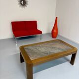 Old coffee table in wood and granite stone, vintage design from the 70s
