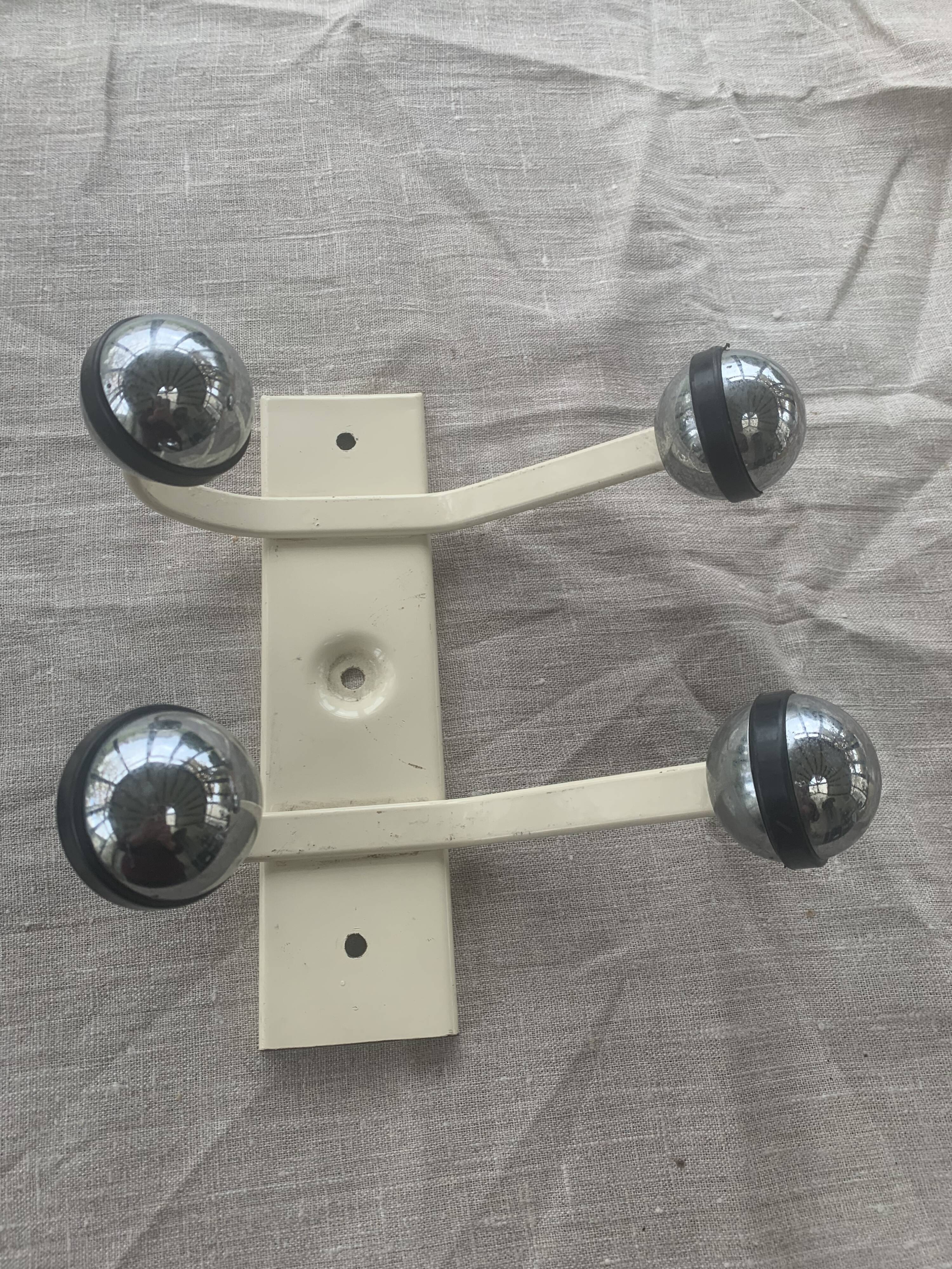 Industrial wall coat rack two hooks in white lacquered metal and vintage silver 1970