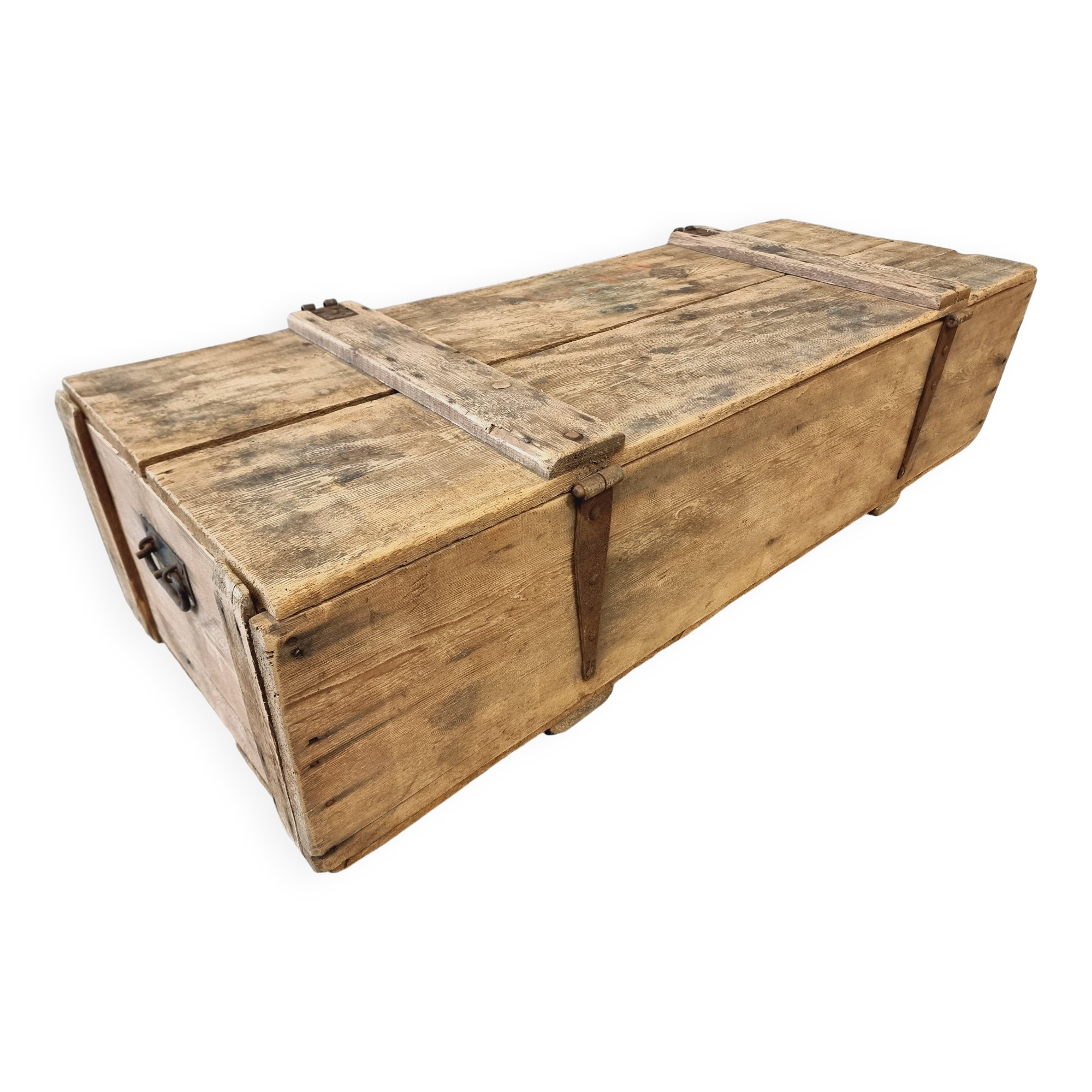 Coffre ancien table basse XIXe siècle 57x152 cm