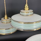 Set of 4 Art Deco pendant lights in frosted water green and gold.