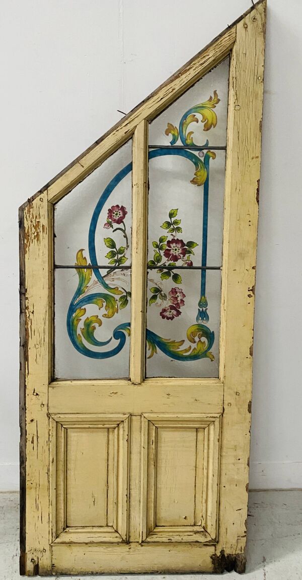 Porte de sous escalier en sapin et verre peint XX siècle