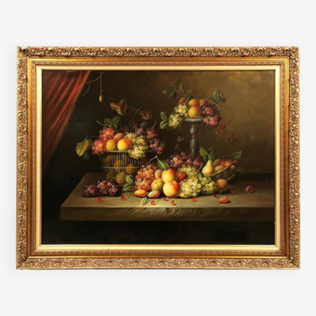 Très grande nature morte aux fruits, huile sur toile XXe