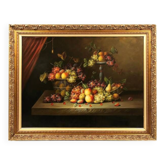 Très grande nature morte aux fruits, huile sur toile XXe