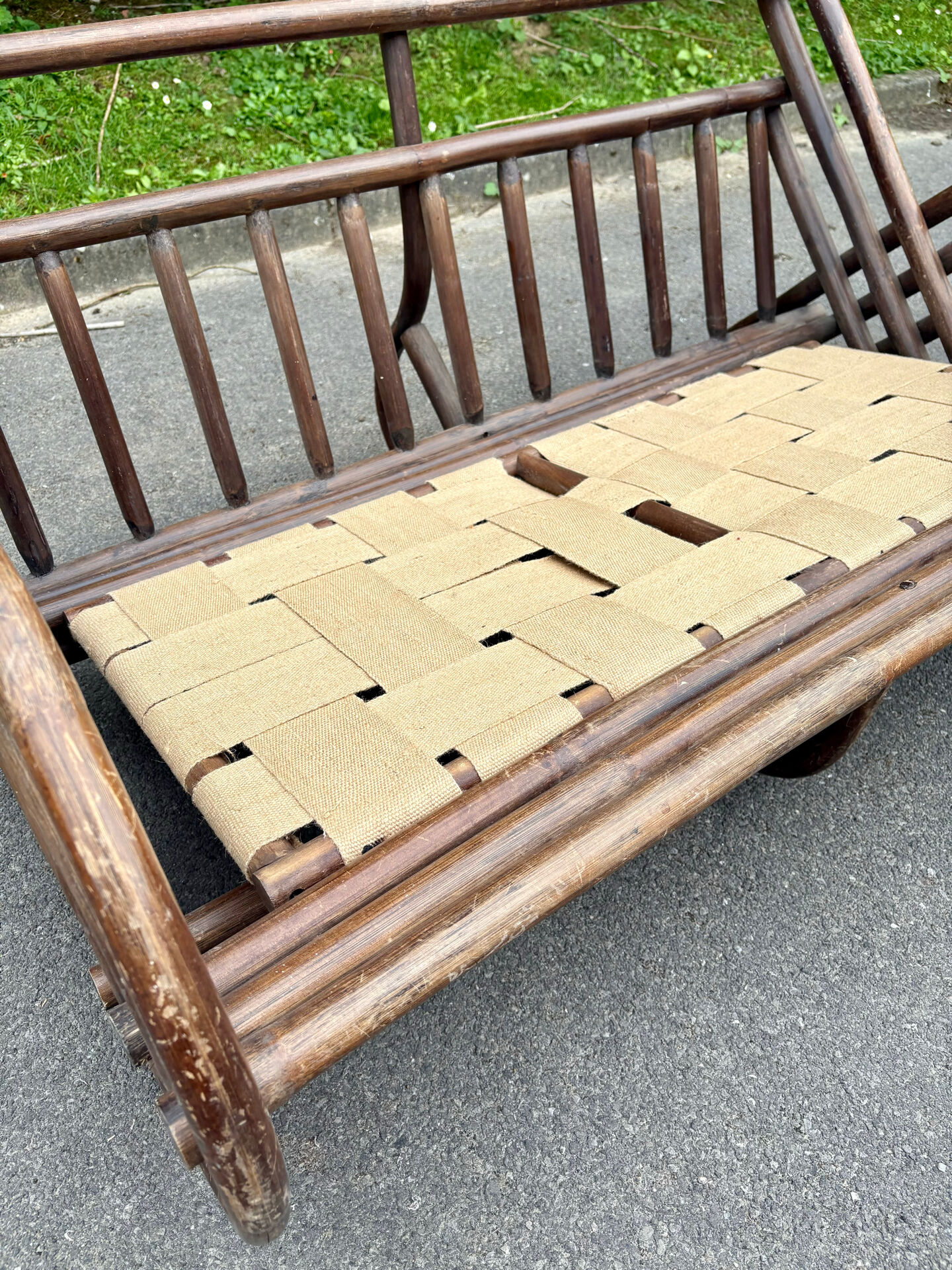 Banquette vintage en rotin - années 70