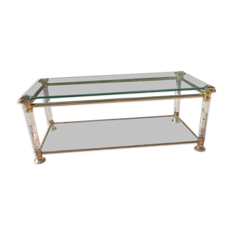 Glass lounge table with brass frame and plexiglass years 1980