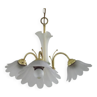 3-Light Vintage French Chandelier Gold Metal Glass Column & Flower Shades
