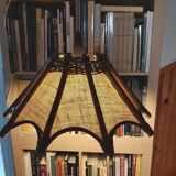 Scandinavian rattan hanging lamp, wood and vintage fabric