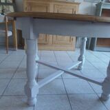Round table with pearl gray patinated oak base, wooden top.