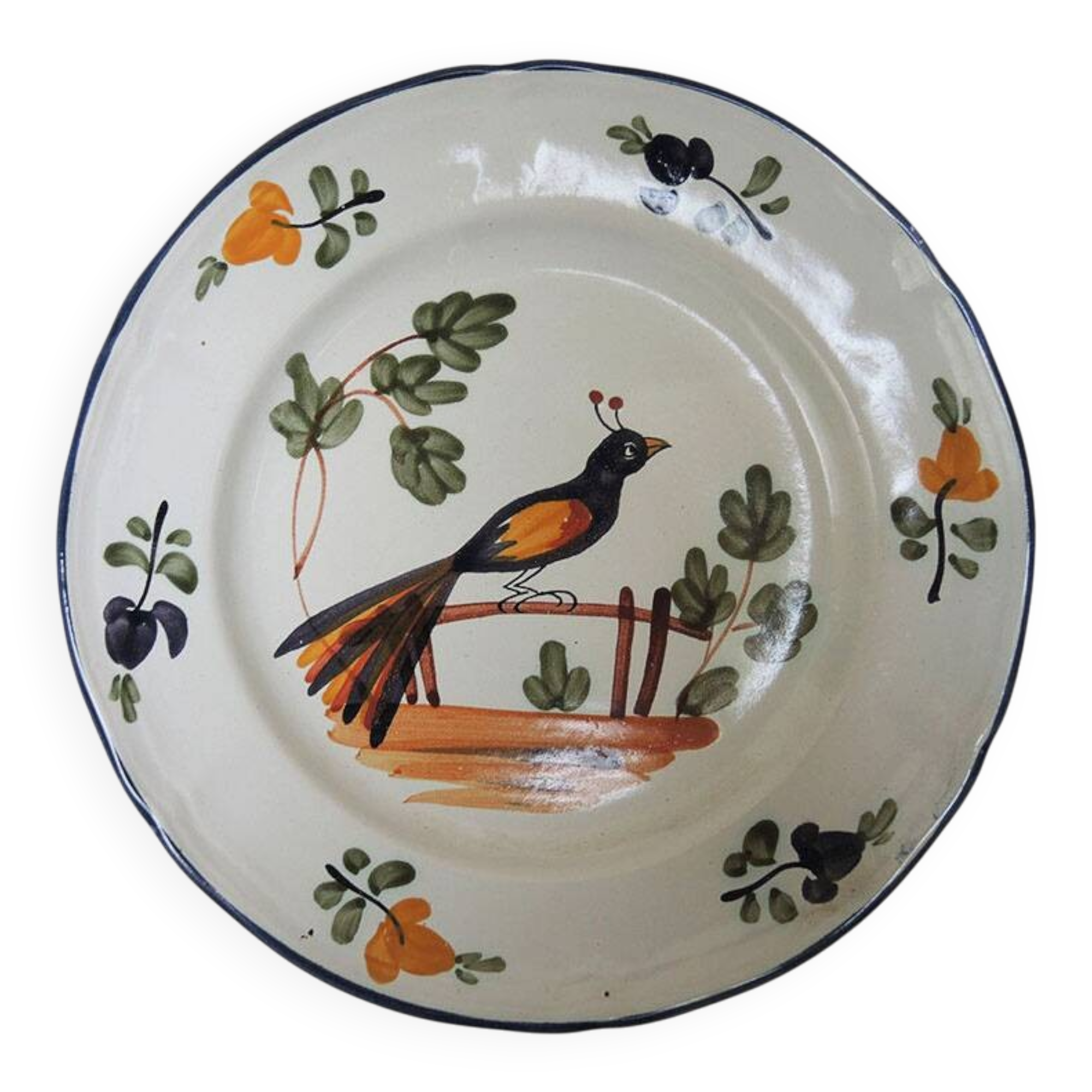 Old ceramic plate, hand-decorated, signed: bird on a fence.