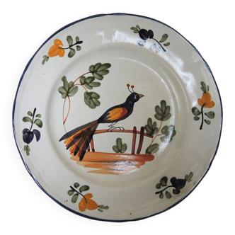 Old ceramic plate, hand-decorated, signed: bird on a fence.