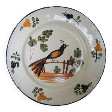 Old ceramic plate, hand-decorated, signed: bird on a fence.