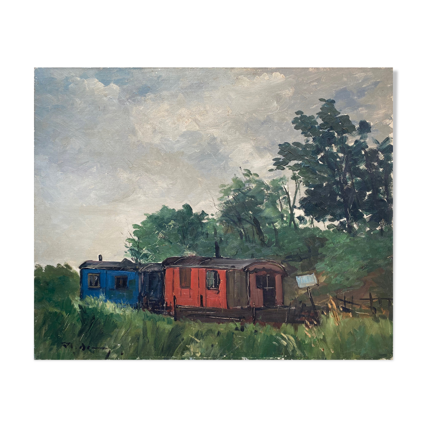 Tableau HST "Paysage aux roulottes" Gitans Tziganes signé