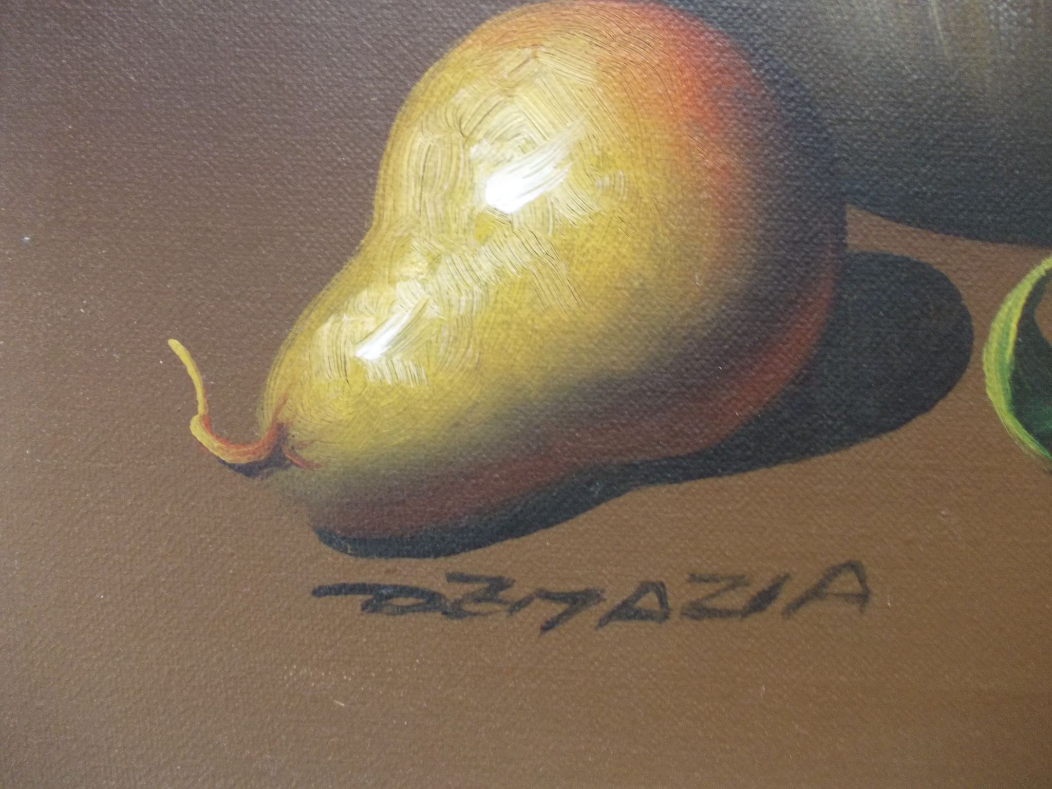 Painting OIL ON CANVAS Still life, BY MAZIA Violet, pears apples kitchen, wooden frame