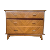 Commode vintage à 3 tiroirs pieds compas en chêne clair
