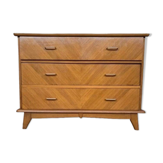 Commode vintage à 3 tiroirs pieds compas en chêne clair