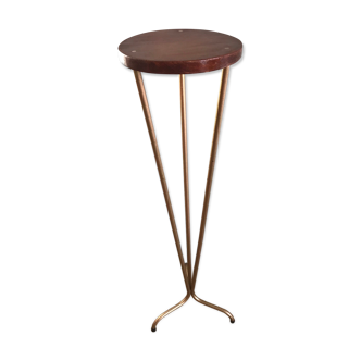 Vintage tripod harness round wooden top on foot metal lacquered gold