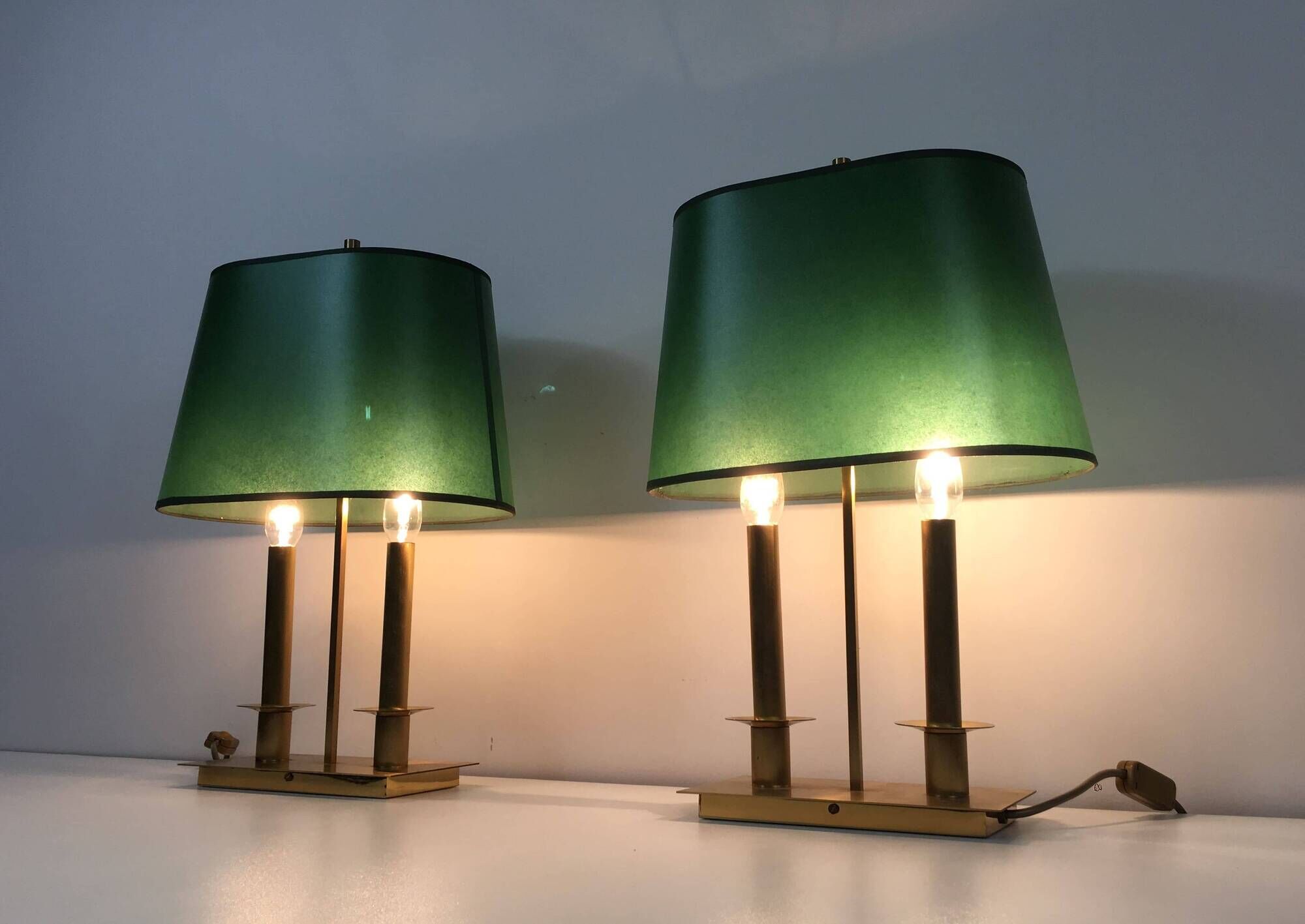 Pair of Two-Light Table Lamps in Brass with Green Shades. Work F