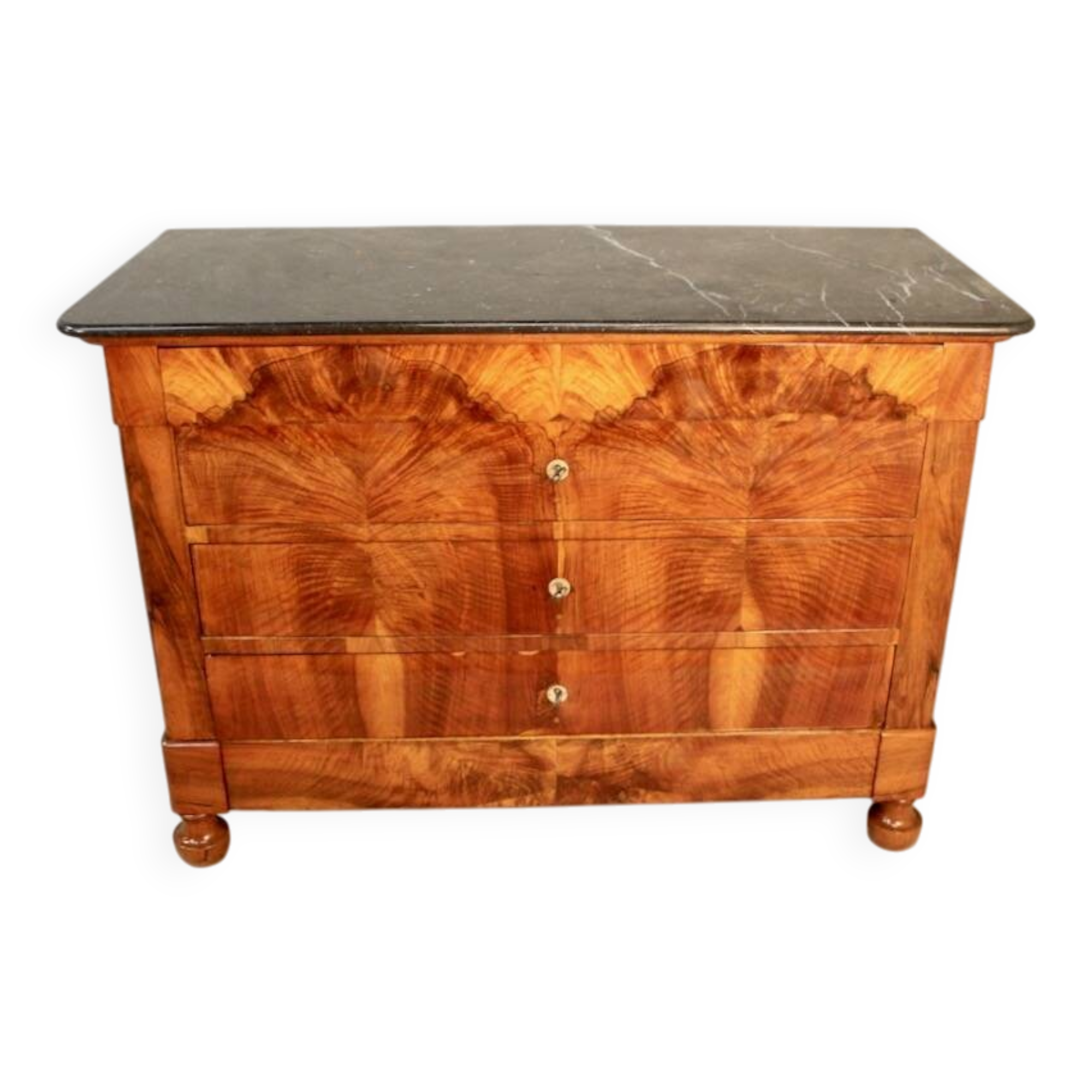Restoration period commode with walnut burl, marble top.