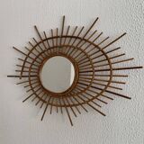 Vintage 1960s sun mirror rattan wicker ORTF spiral design - 68 x 52 cm