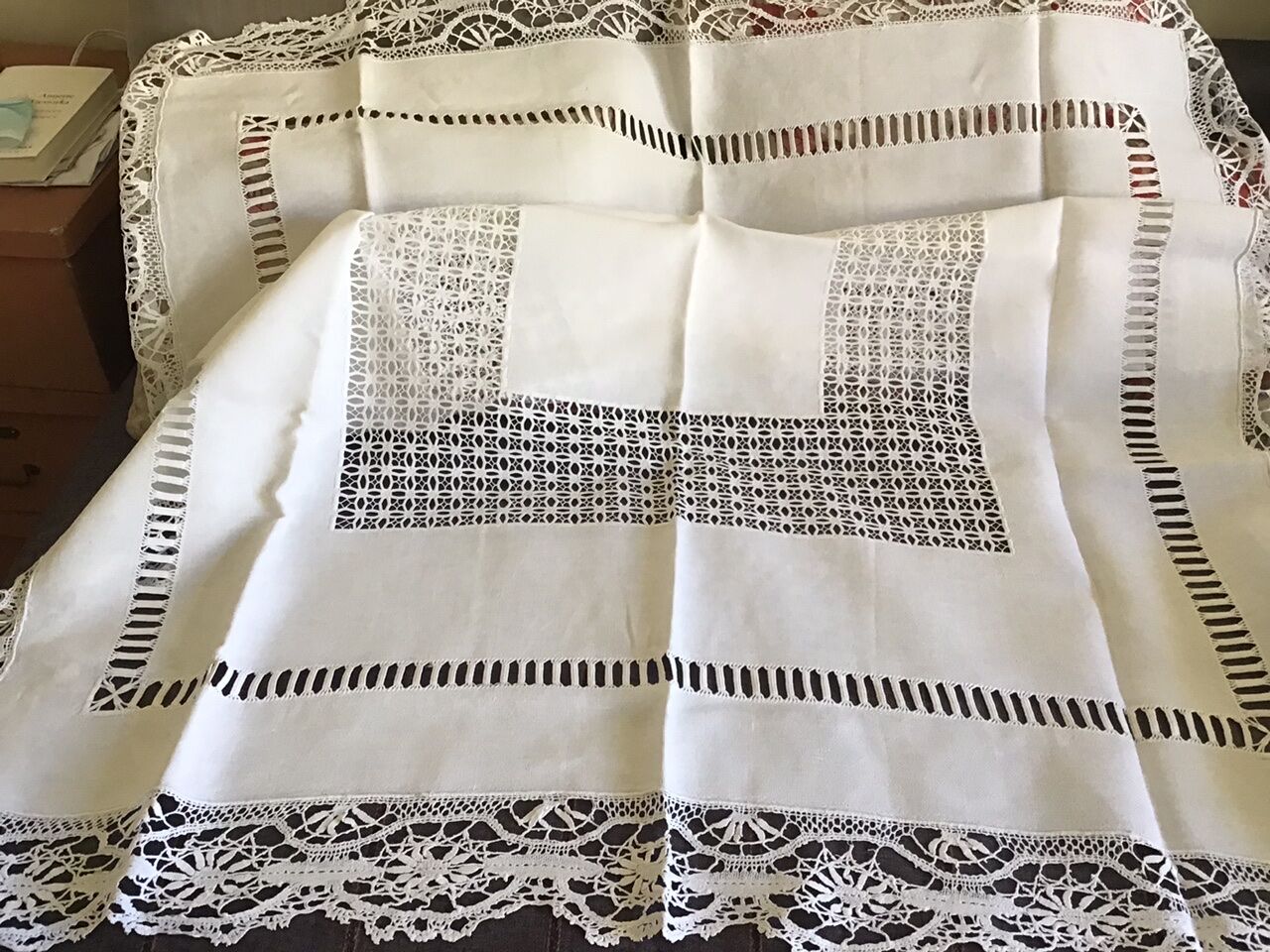 Embroidered white linen tablecloth, square