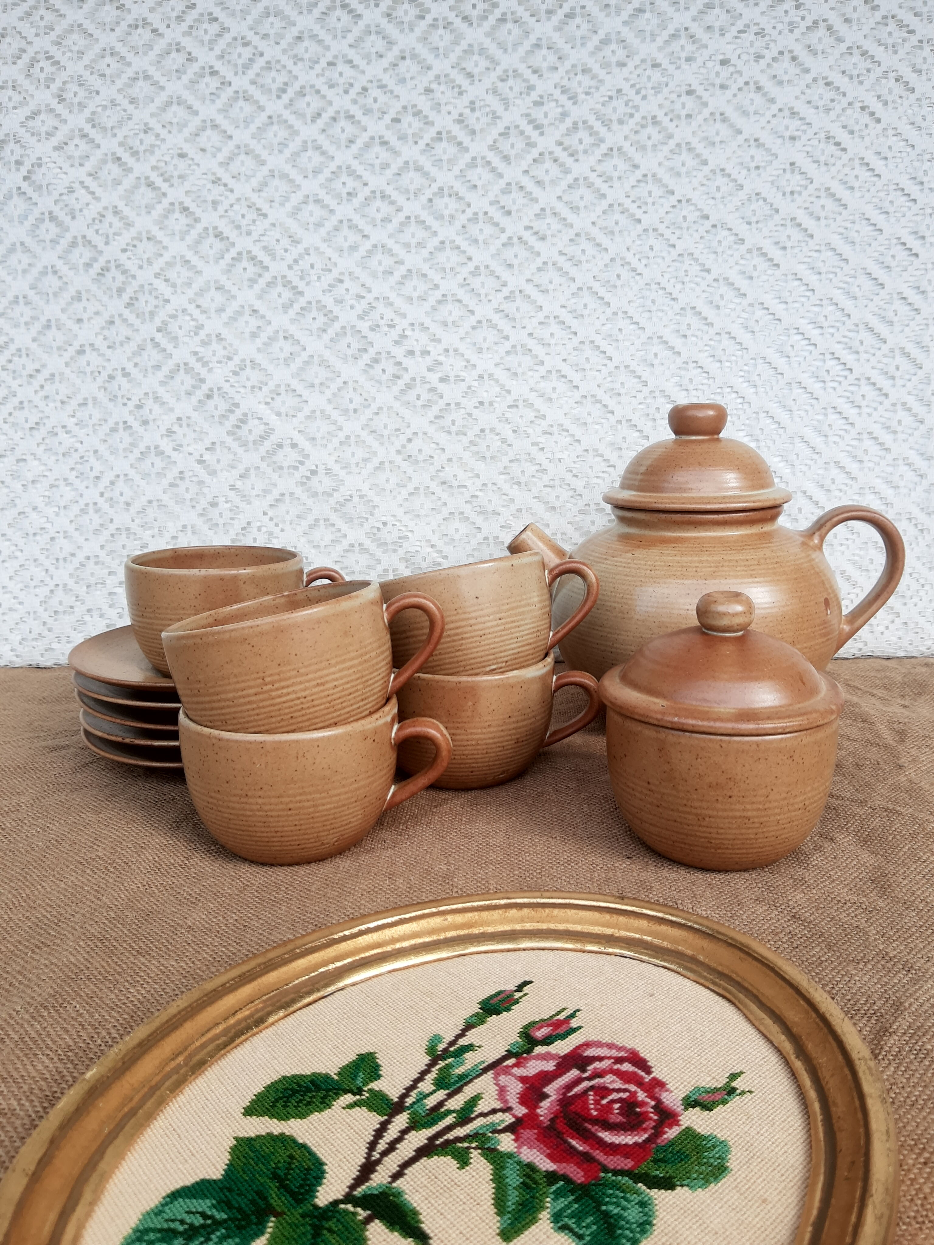 Vintage CNP France village stoneware chocolate tea coffee set