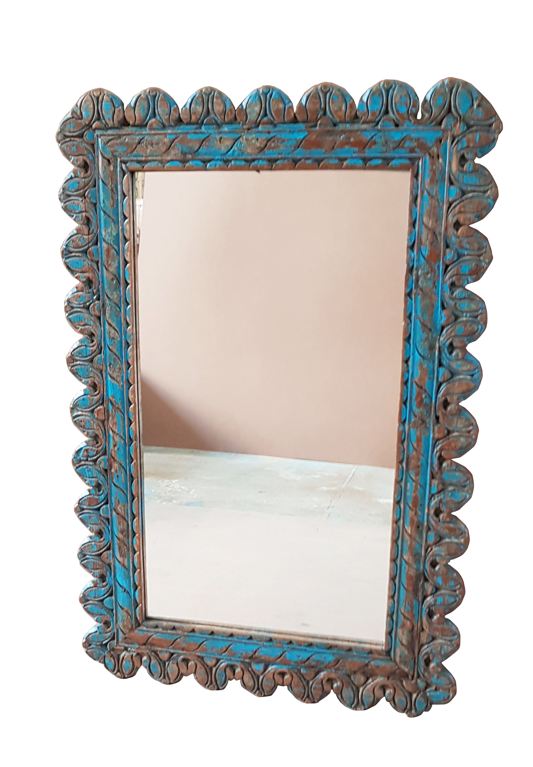 Burmese teak mirror with original blue patina