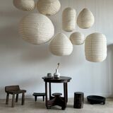 Suspension in rattan and japanese natural linen in the shape of a lantern h50 d30
