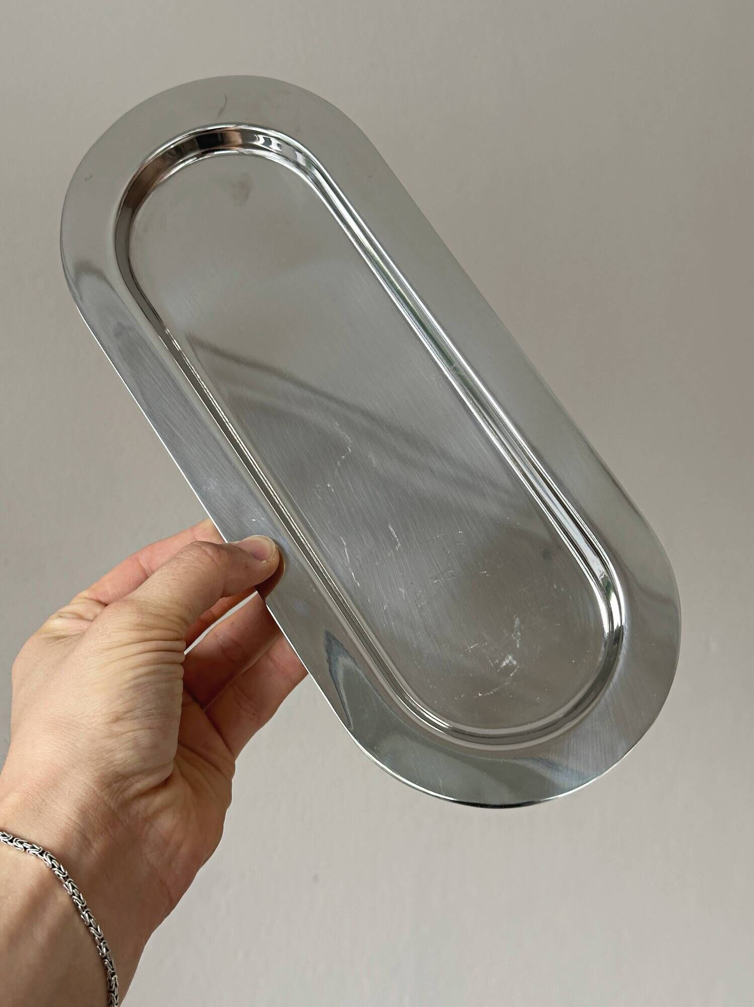 Stainless steel platter – Elongated oval serving dish in metal – Aperitif tray