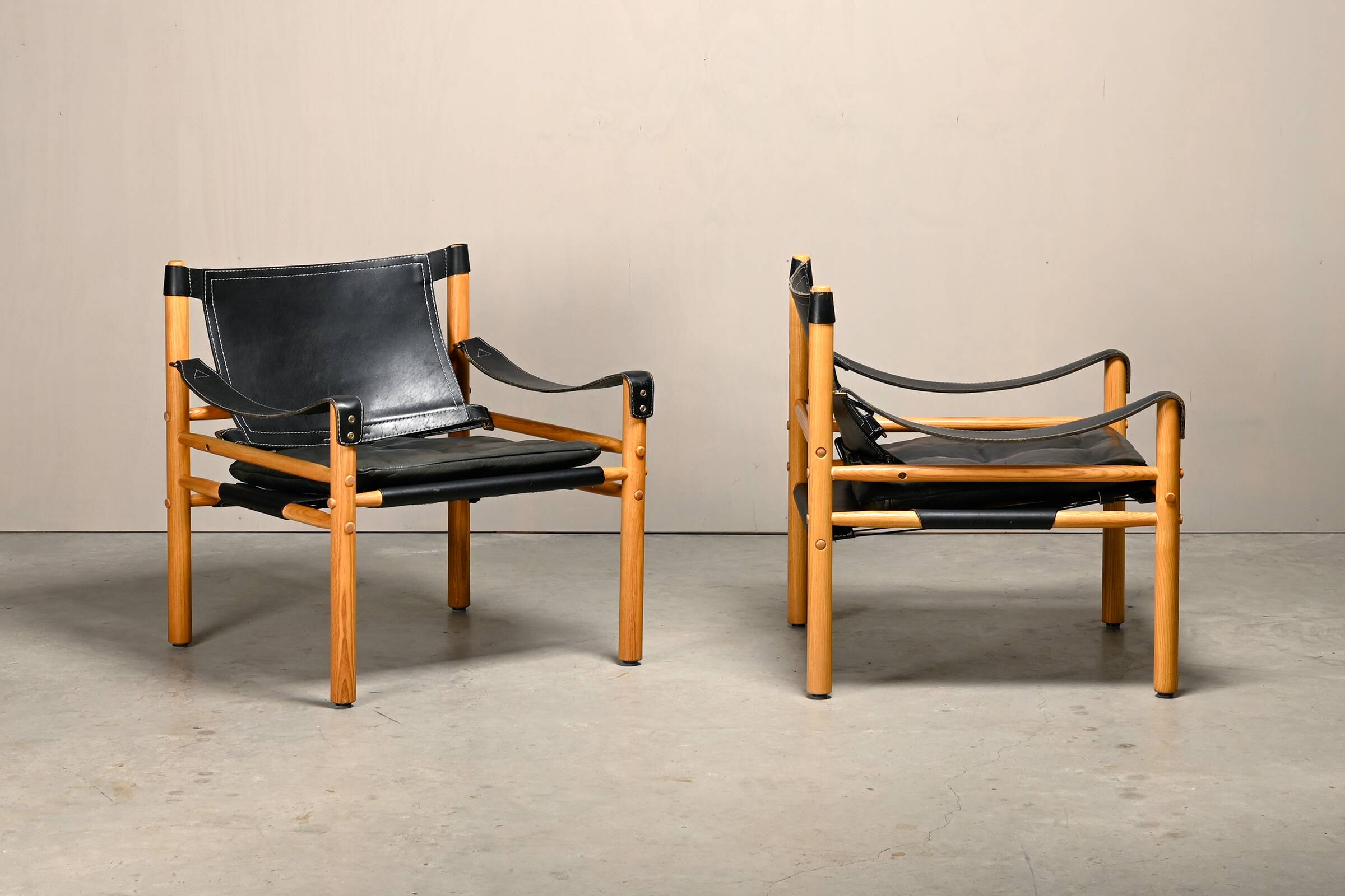 Arne Norell Sirocco Safari Lounge Chairs in Black Leather and Ash, Sweden