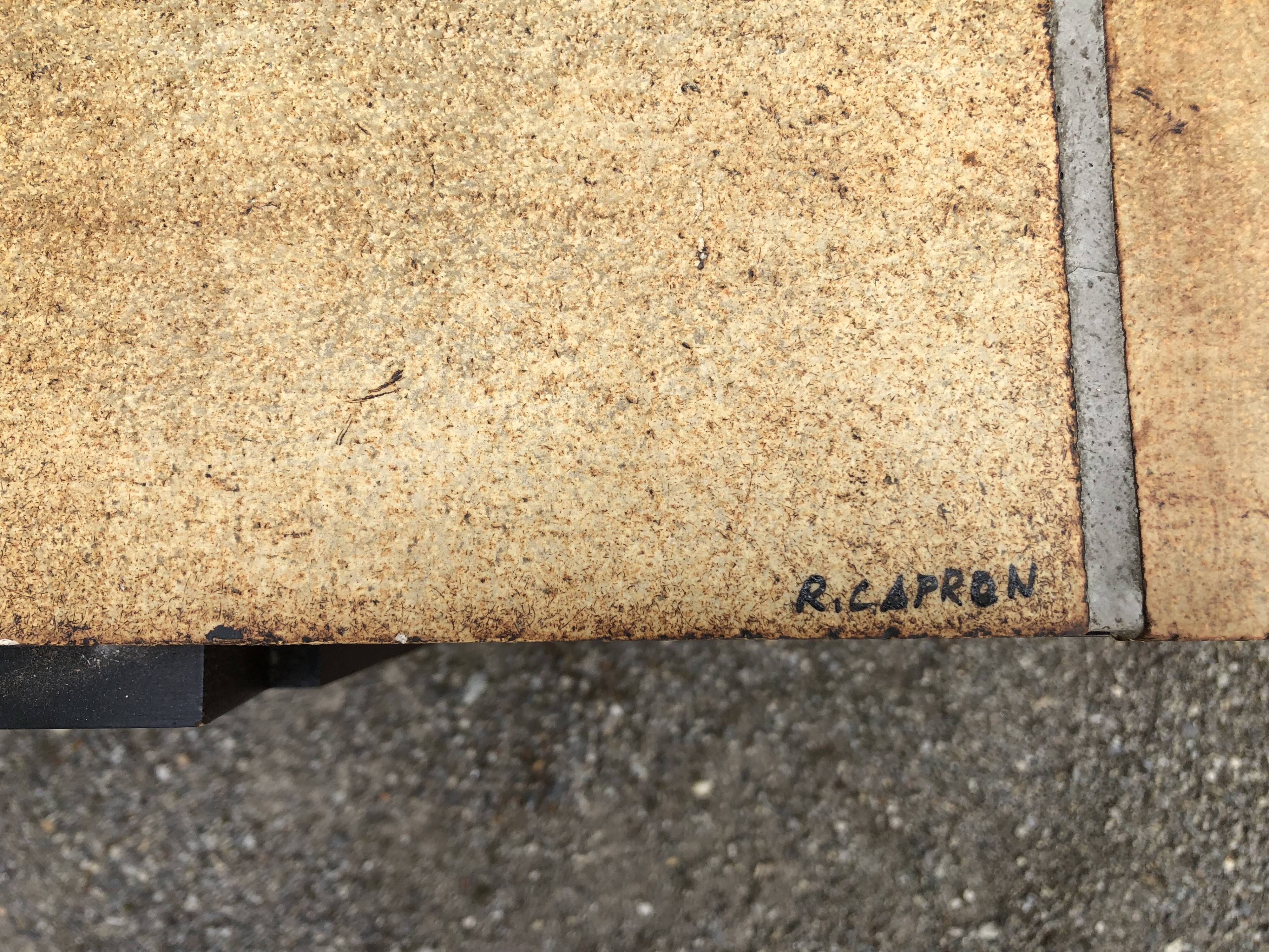 Vintage ceramic coffee table with herbarium decorations by Roger Capron, solid beech base.