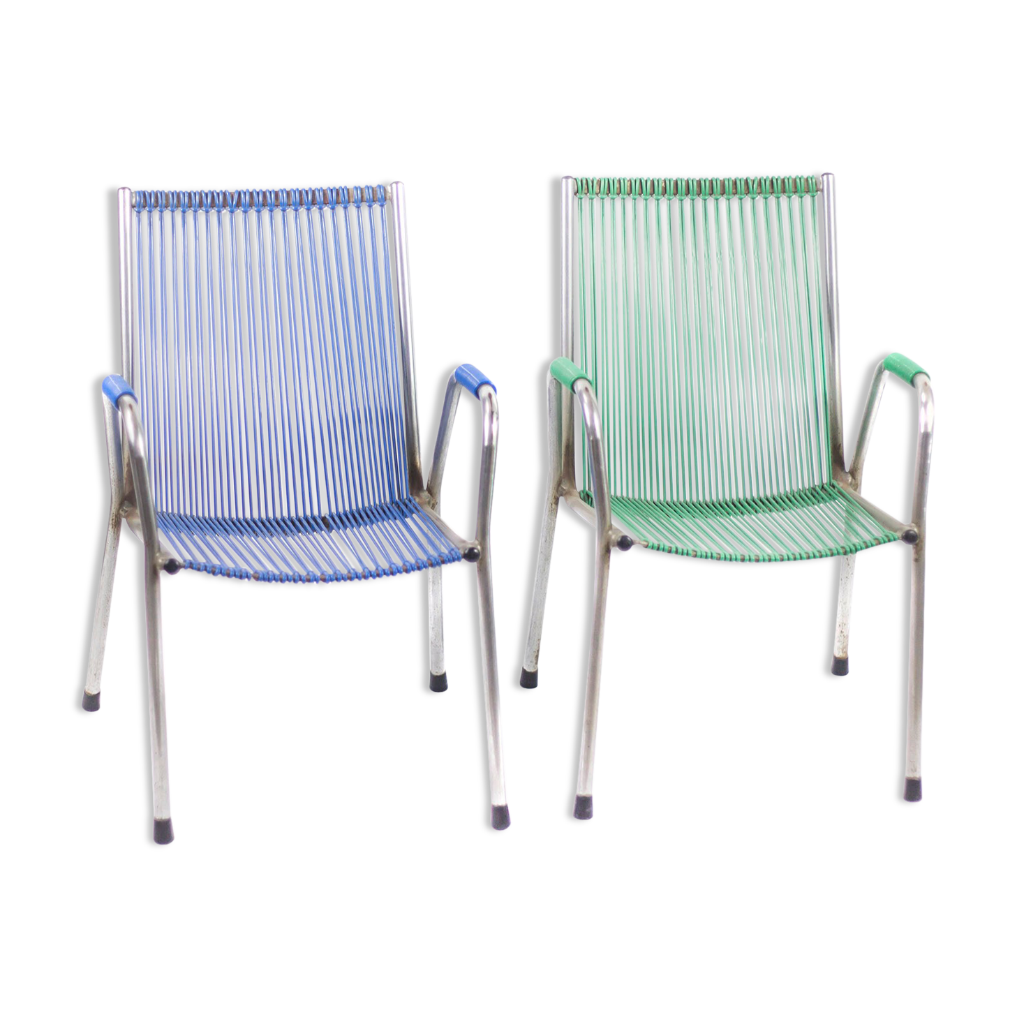 Set of 2 kids chair with scoubidou grid France 60s