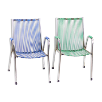 Set of 2 kids chair with scoubidou grid France 60s
