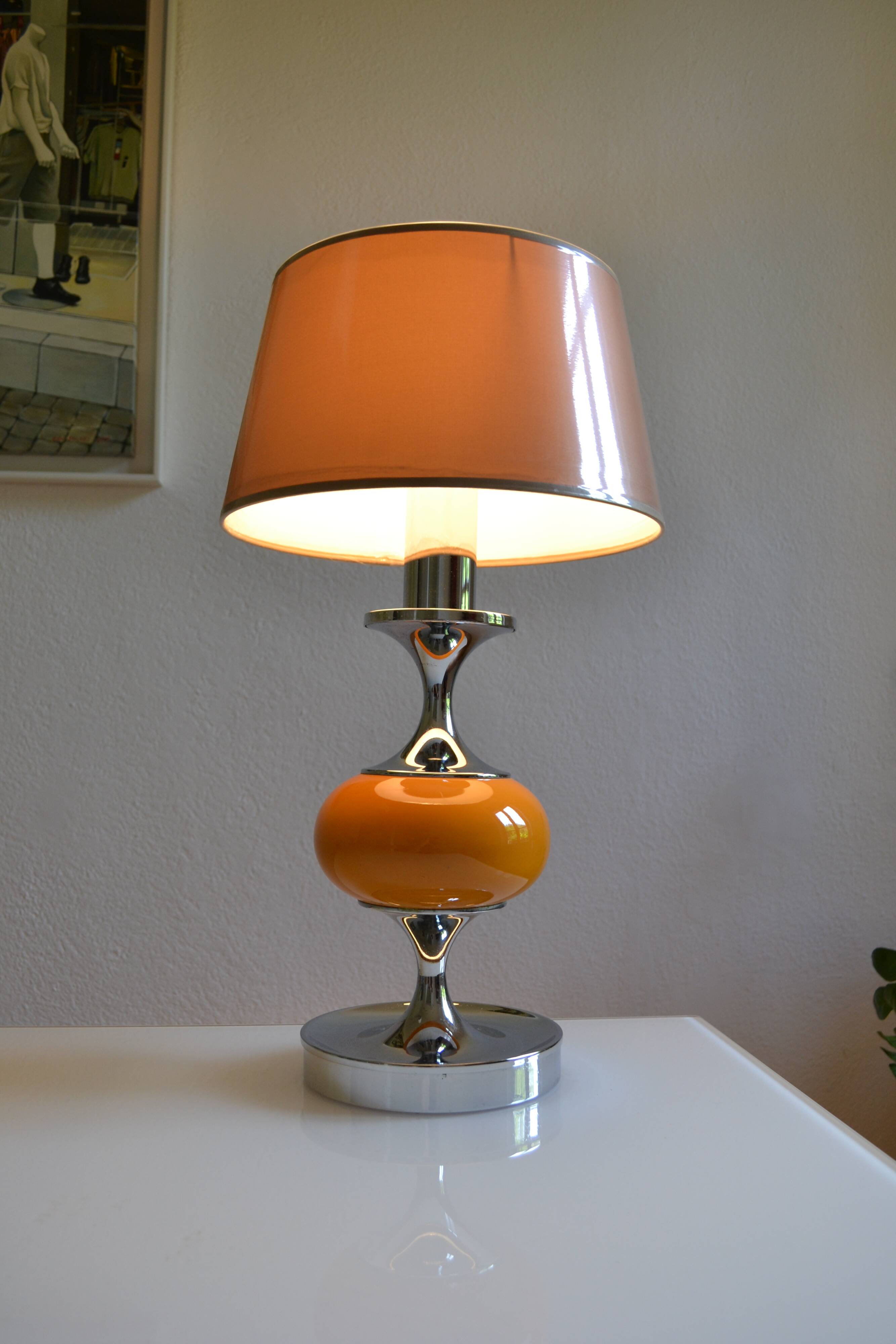 Vintage lamp base yellow and chrome metal circa 1970