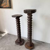 Paire de piédestal colonnes vis de pressage chêne 1900