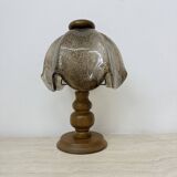 Vintage brutalist glass table lamp with solid oak wooden base , 1970s