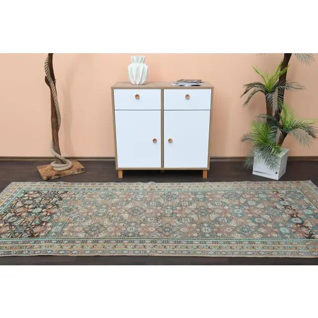 Vintage Turkish Oushak Handmade Wool Cotton Brown Runner Rug 118x301
