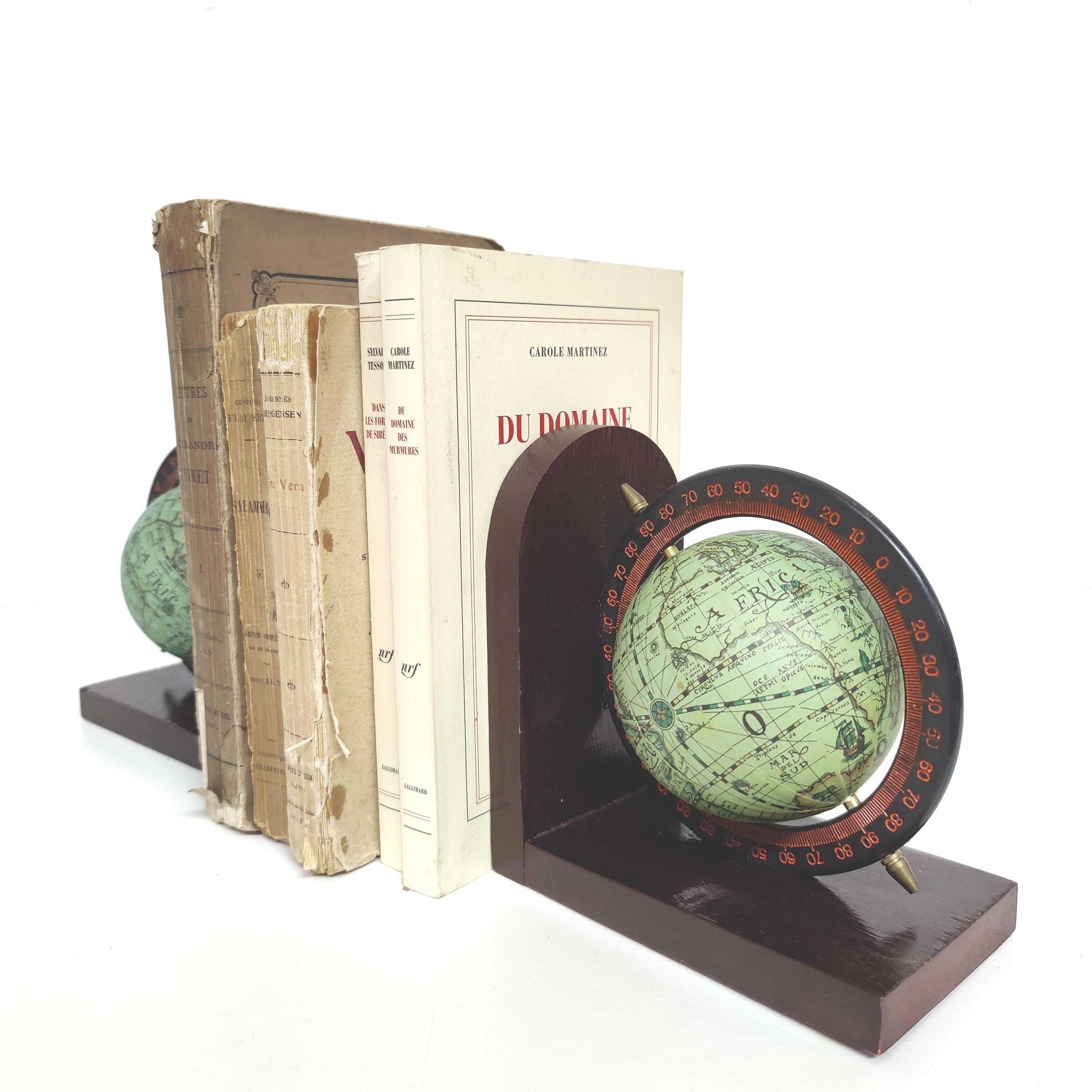 Pair of bookends vintage globe world map wood paper