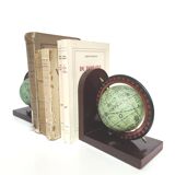 Pair of bookends vintage globe world map wood paper