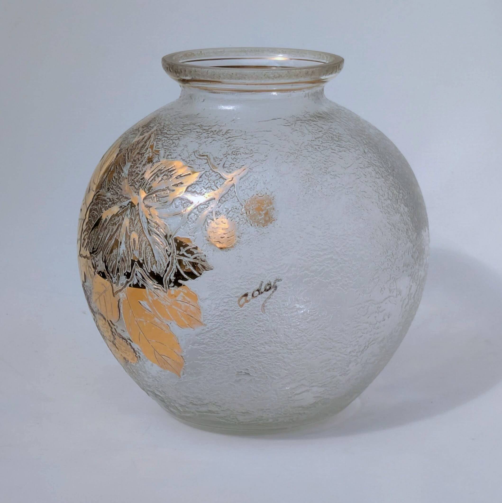 Frosted Glass Ball Vase with Golden Botanical Decoration — Signed Adat — Circa 1950