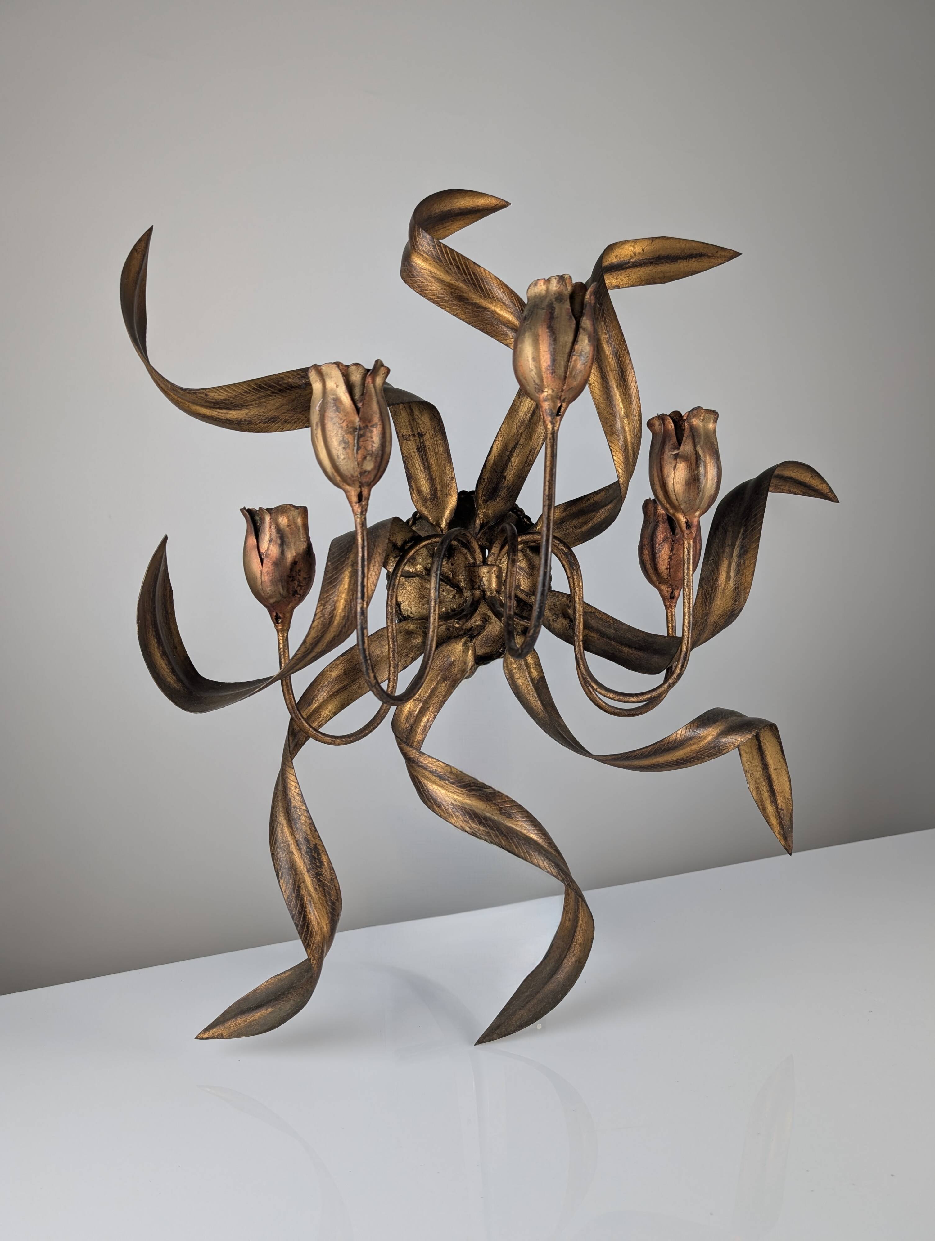 Large Vintage Wall Candelabra with Golden Tulips, 1960s