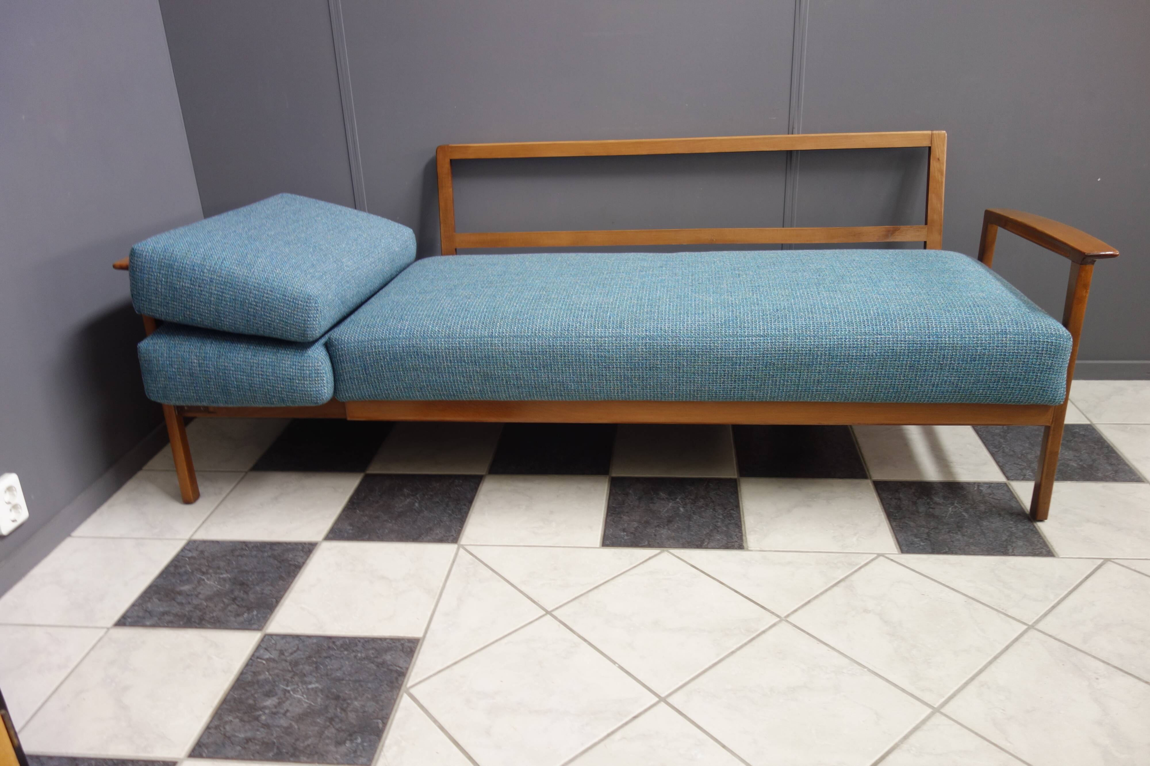 Blue fabric daybed wood frame 1960s