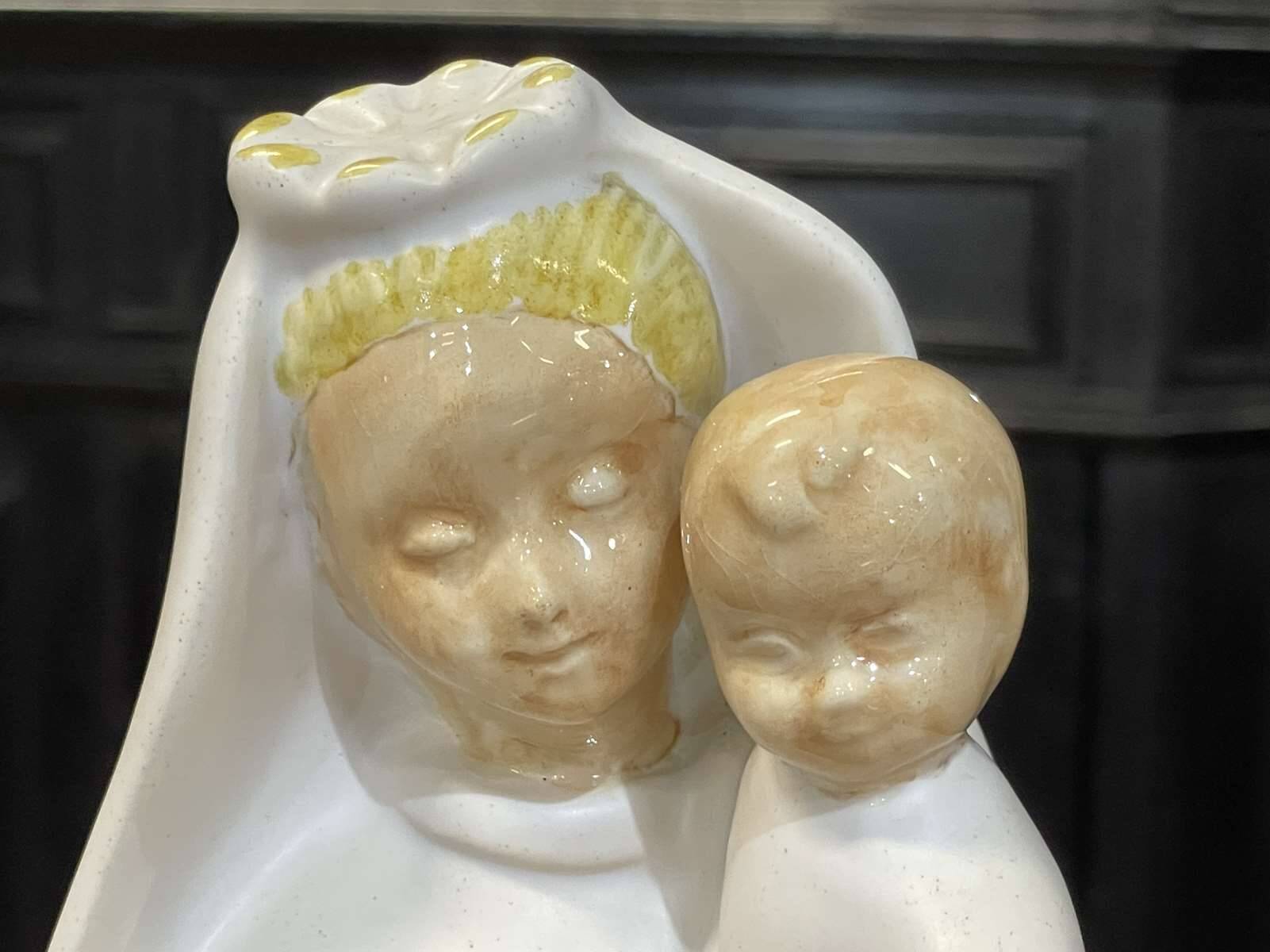 Virgin and child in quimper faience with ivory background by bel delecourt