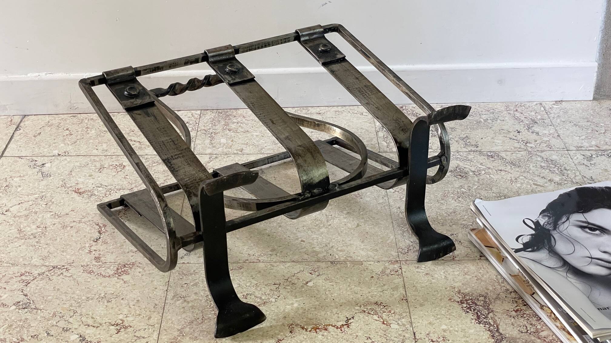 Vintage Brutalist Steel Magazine Rack