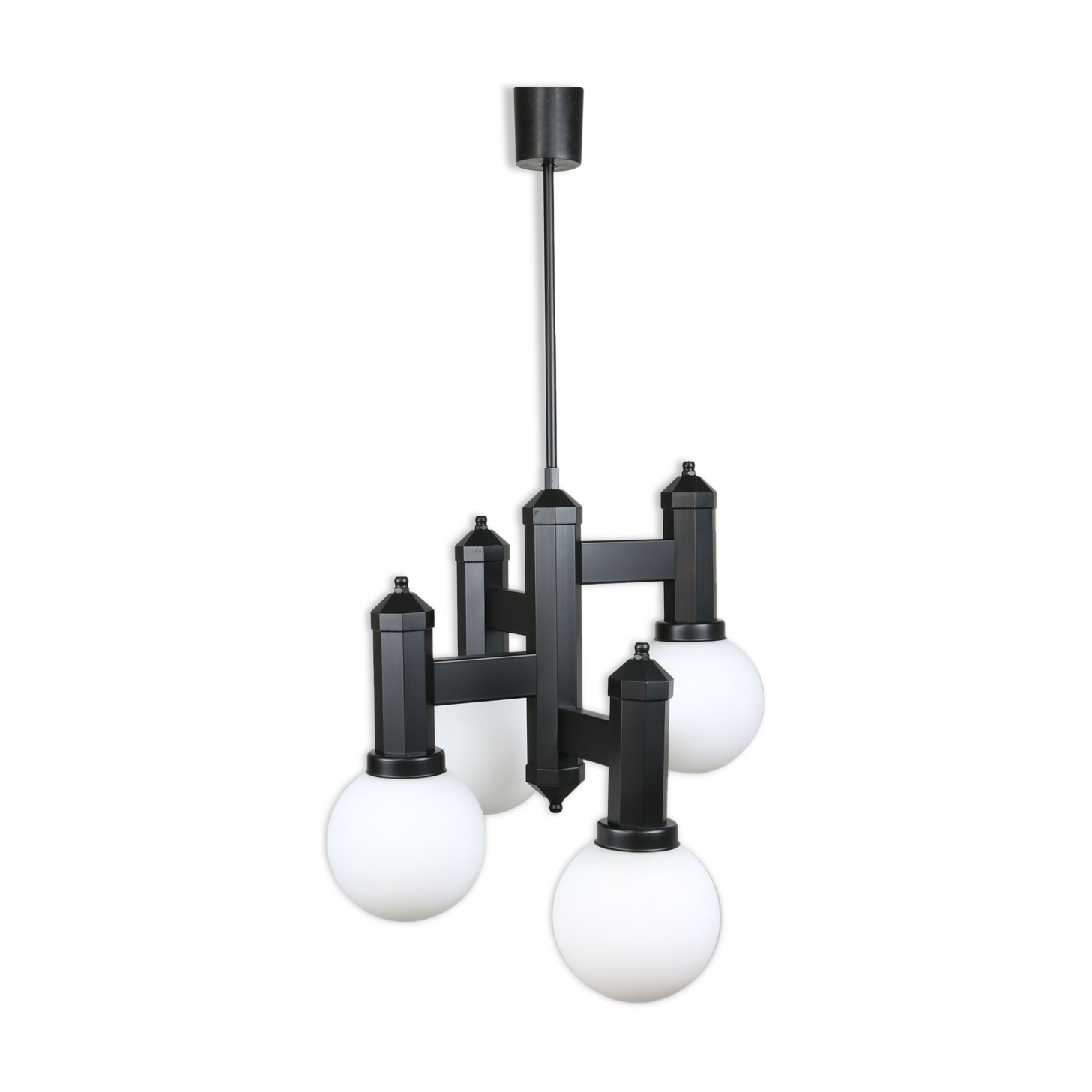 Vintage Geometric Black and Opaline Glass Ceiling Lamp