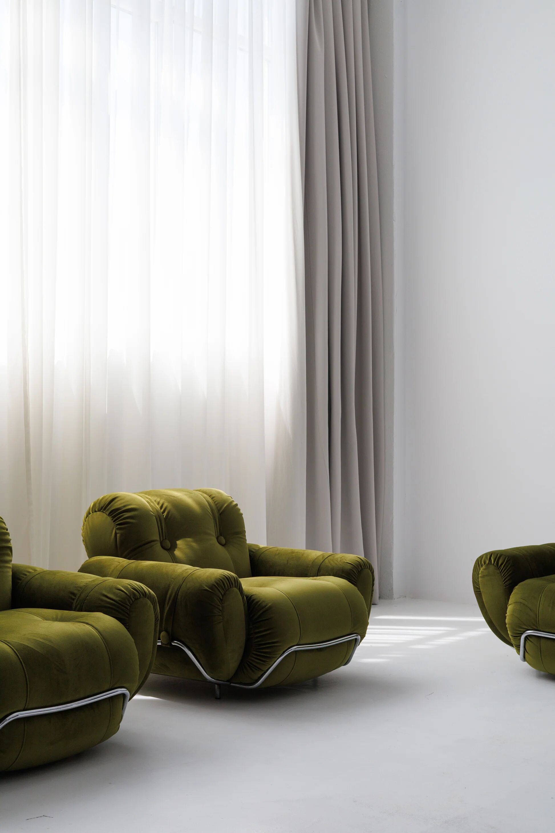 Three seater sofa and armchairs dining set by Adriano Piazzesi, reupholstered olive velvet