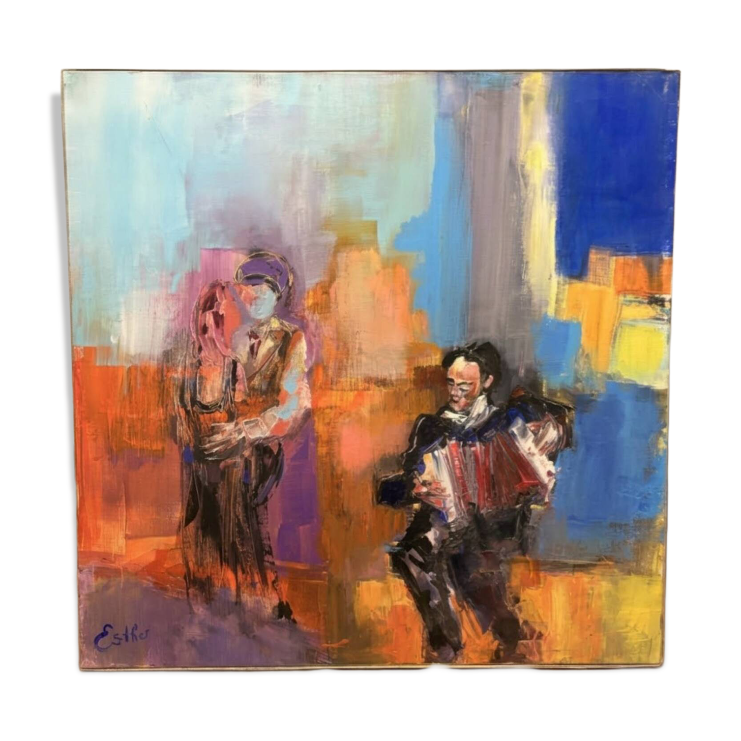 Oil Painting Canvas Deloison Musician Accordion Couple Dancing