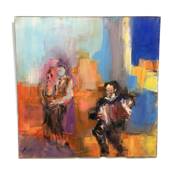 Oil Painting Canvas Deloison Musician Accordion Couple Dancing