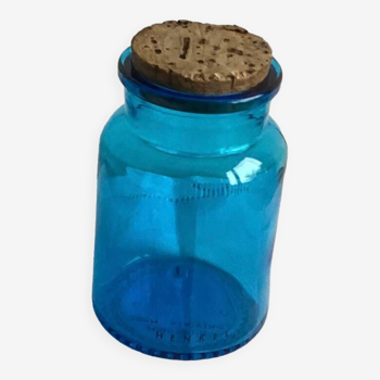 Bocal verre bleu bouchon liège Henkel - vintage